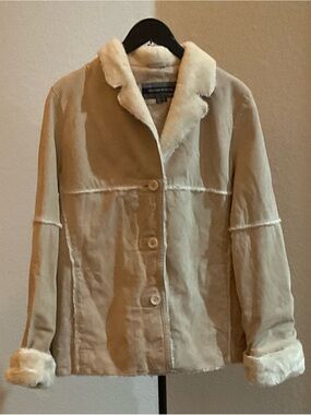 Faux Shearling Button-Front Jacket in Tan with Cream Trim